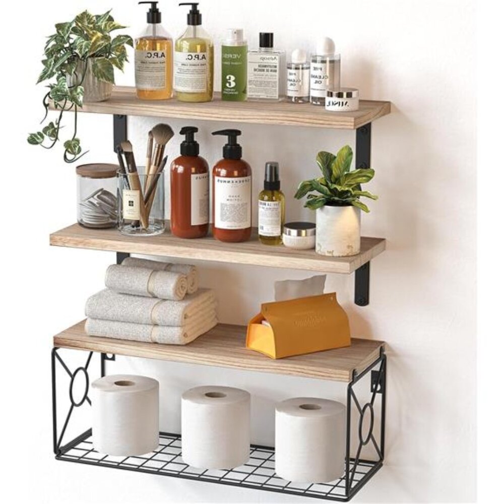 Bathroom Shelves Over Toilet with Storage Basket, Floating Shelves Wall Shelves